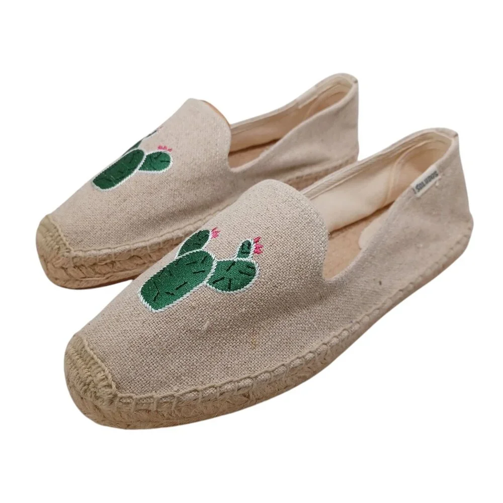 Soludos Espadrilles Cactus Embroidered Canvas Cap-Toe Slip on Flats Size 9.5 NEW
